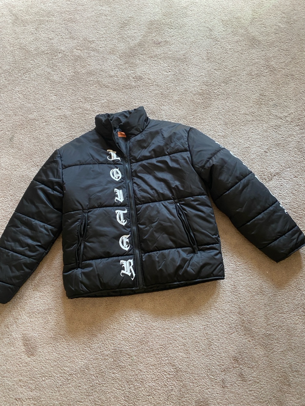 Kids Black Puffer Jacket with White Script Accent
